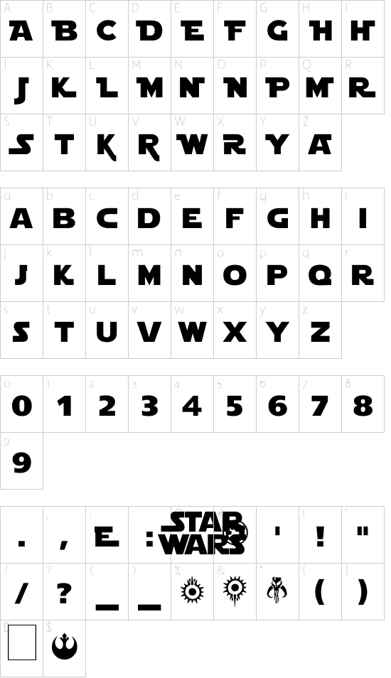 Star Jedi font character map