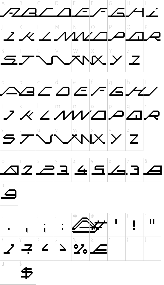 MEGA SLANT LINE font character map