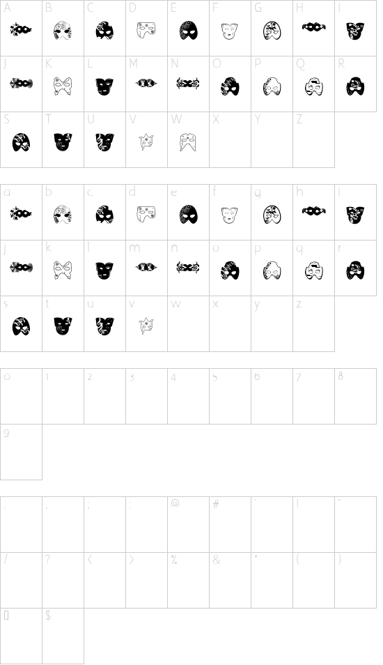 Mascaras de Veneza font character map