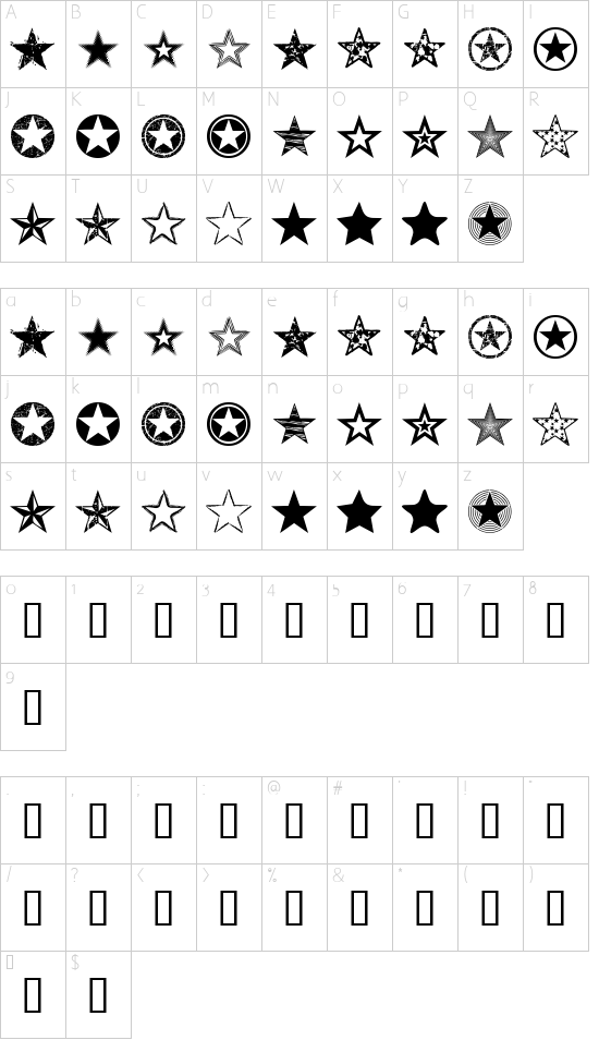 Seeing Stars font character map