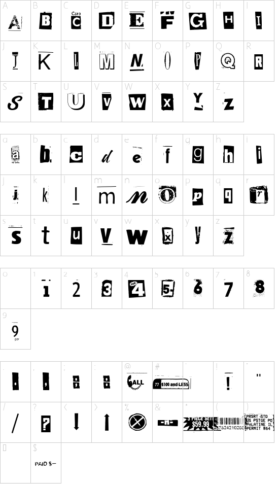Anonymous Clippings font character map