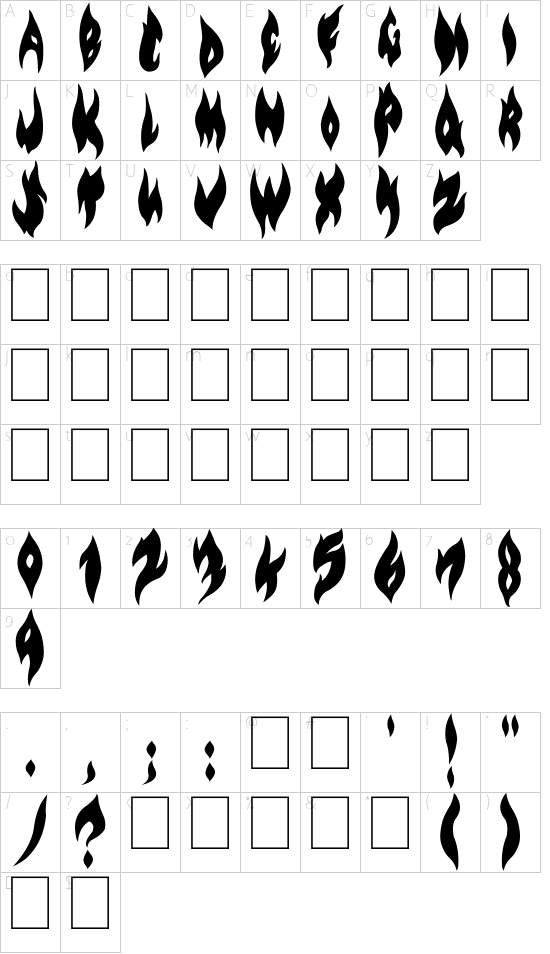 Flame on Black font character map