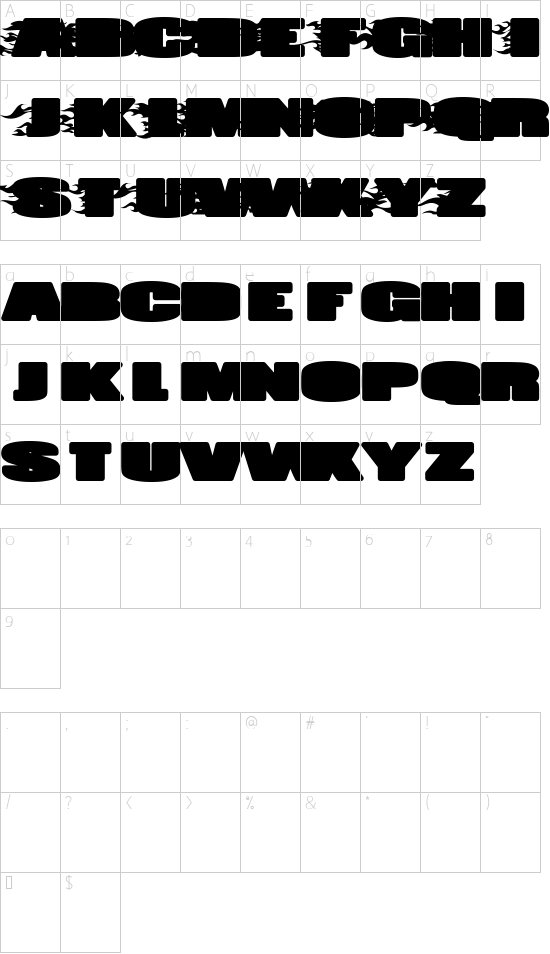 JUMBO BURN font character map