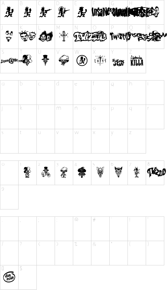 Psychopathic Font V2.0 font character map