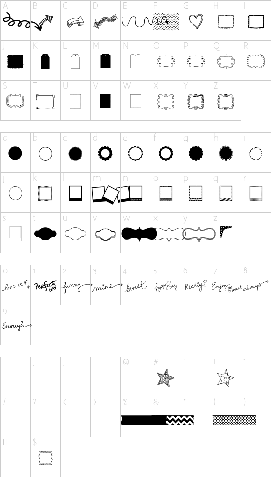 KG Flavor and Frames Three font character map
