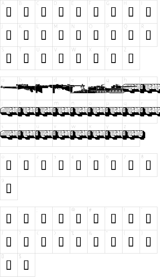 Military dingbats (demo)    Fenotype font character map