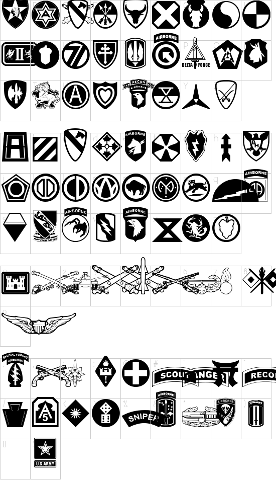 US Army II font character map
