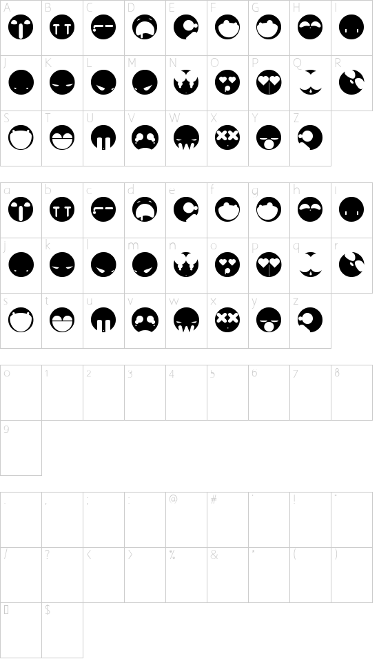 aaronfaces font character map