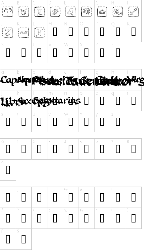 KR Astro 1 font character map