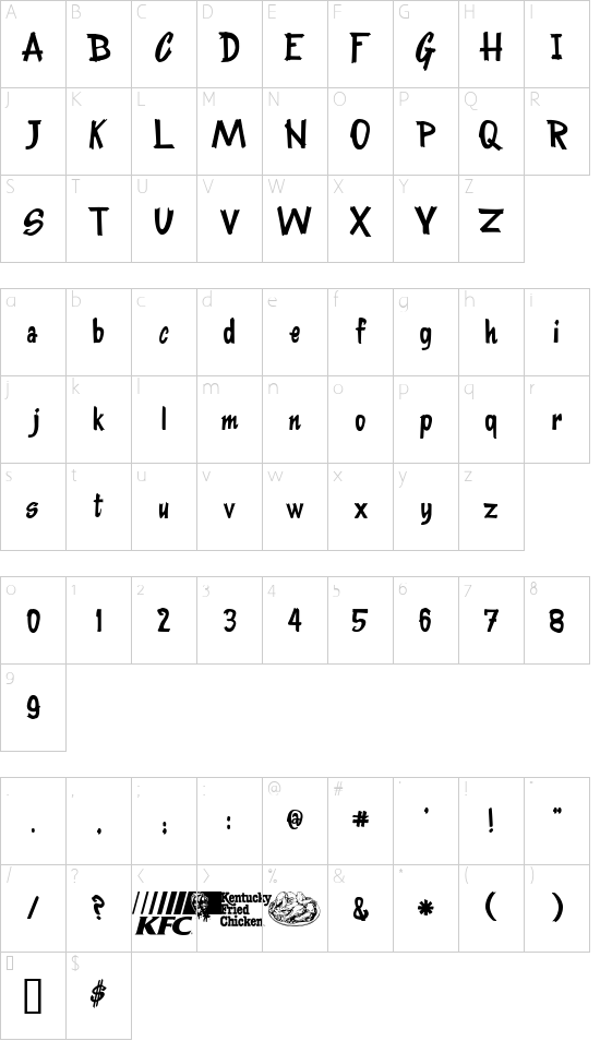 KentuckyFriedFont font character map