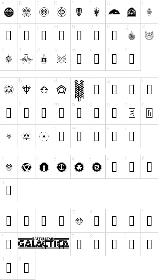 GalacticaBats font character map