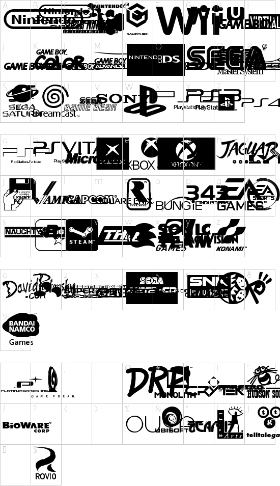 Game Logos font character map