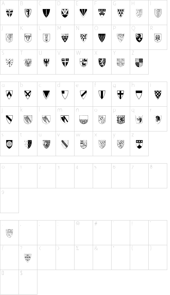 Heraldic Shields font character map