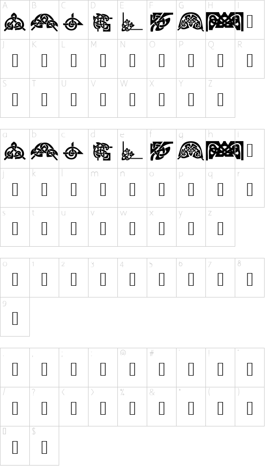 KR Keltic Four font character map