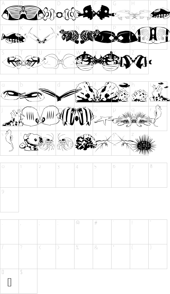 Poissons marins font character map