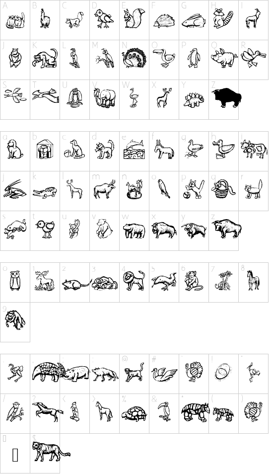 WoodcutAnimals font character map