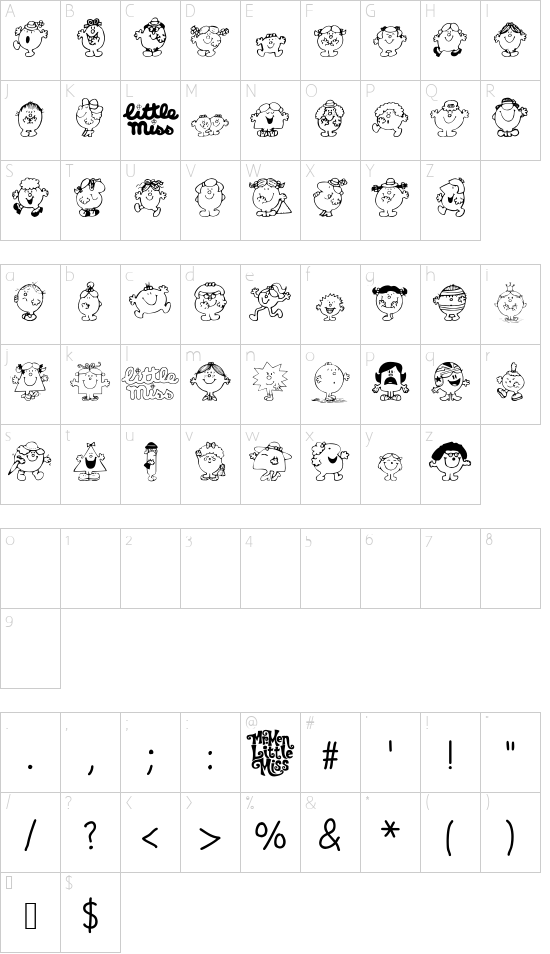 Little Miss font character map