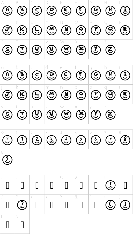 Smiley Faces font character map