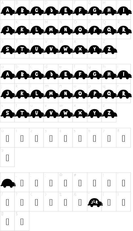 JLR Slug Bug font character map