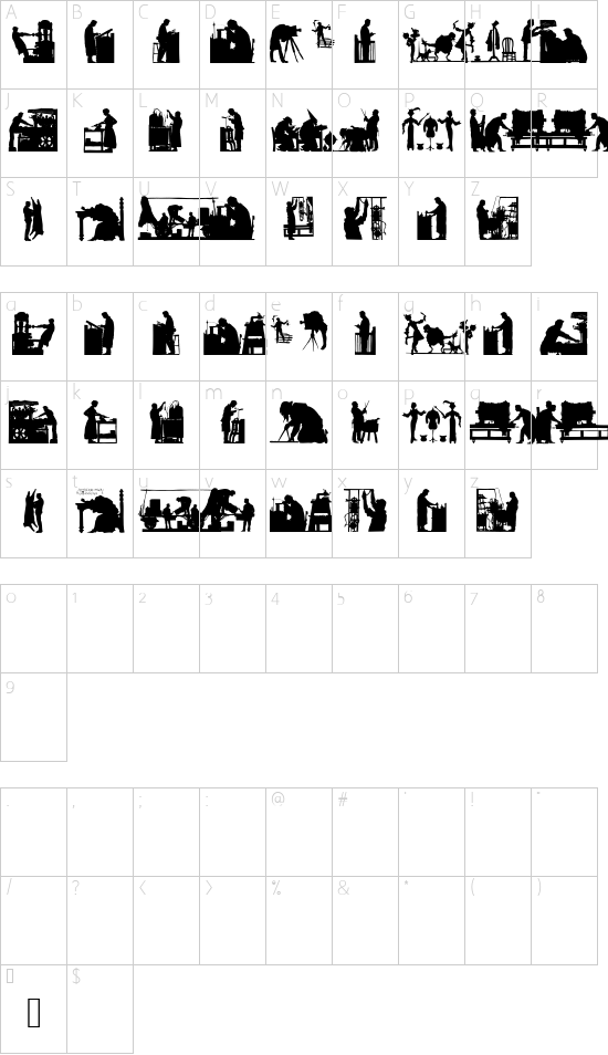 Professions font character map