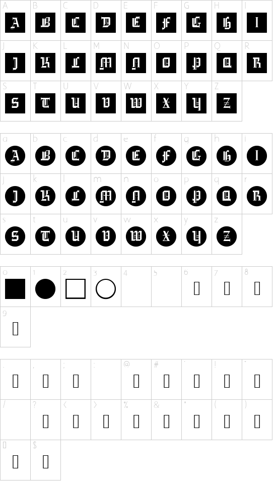GotikaButtonsOne font character map