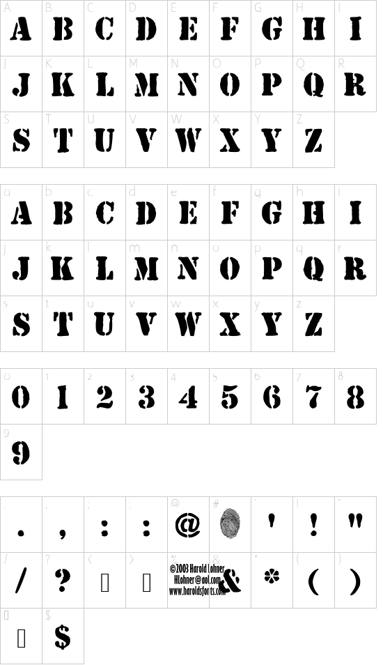 JJStencil Solid font character map