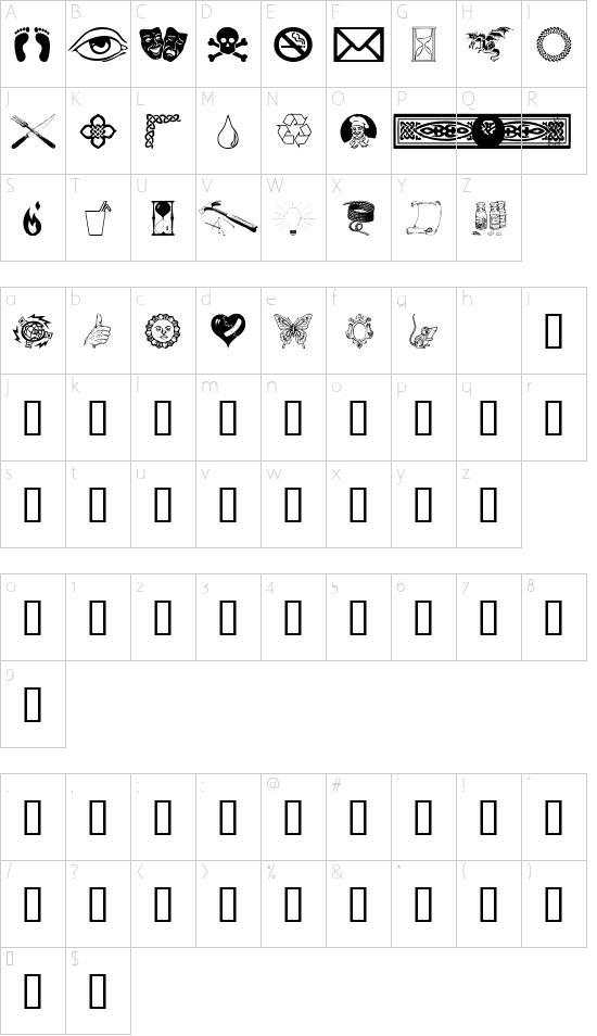 Odds n Sods font character map