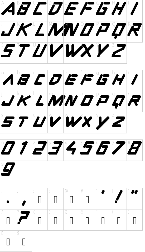 Taller Regular font character map