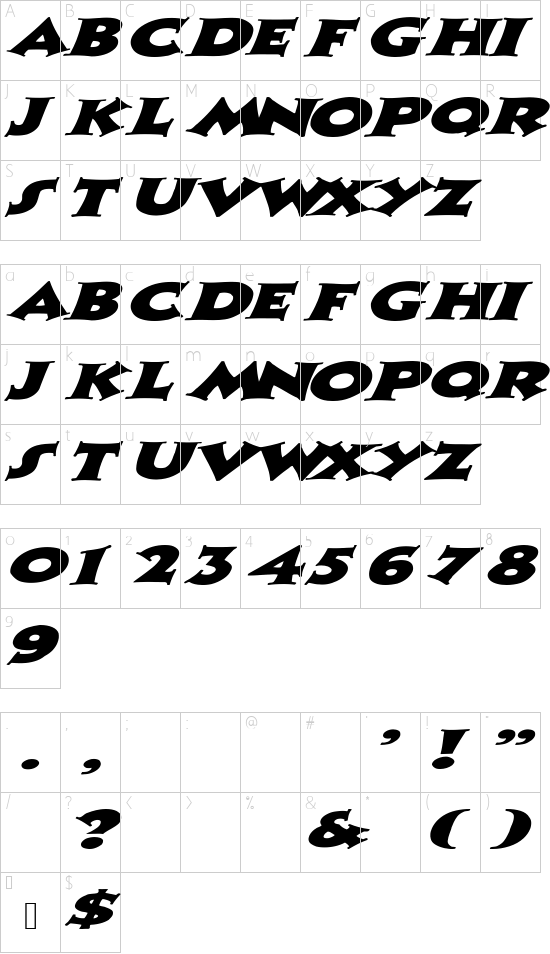 Zaleski Extended Italic font character map