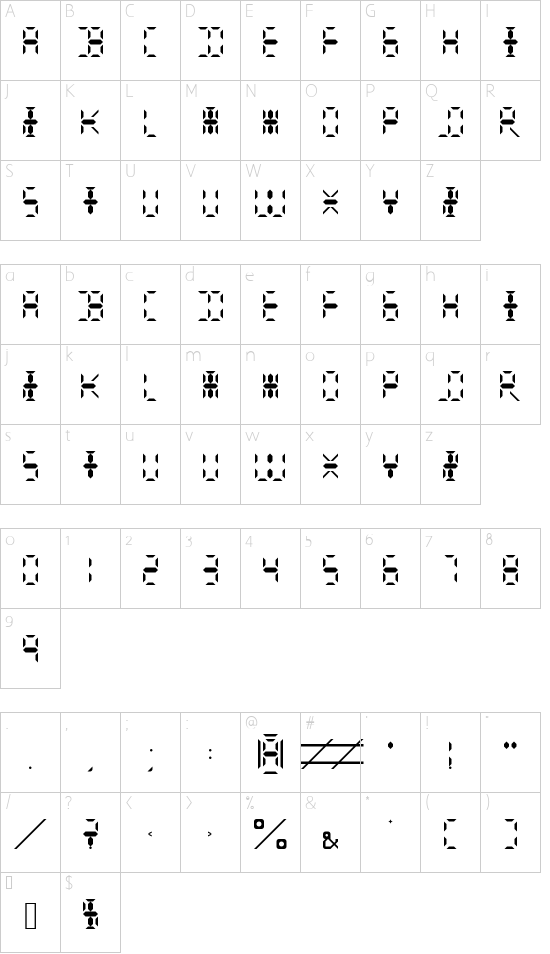 Calculator Digits 2.0 Regular font character map