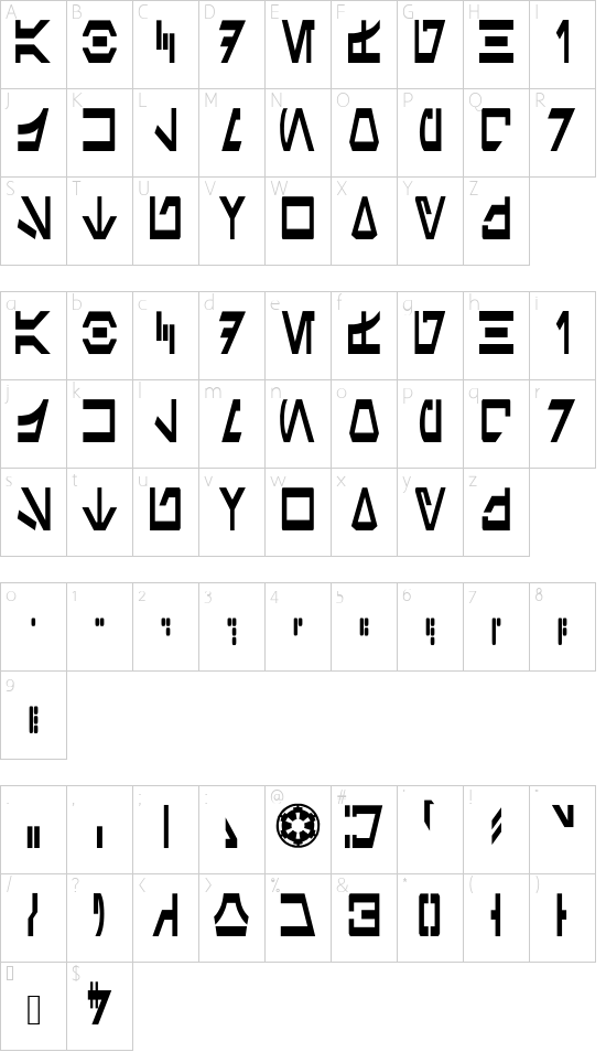 Aurek-Besh Narrow font character map