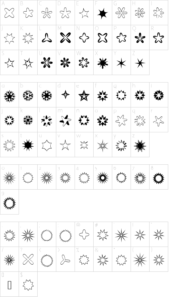 Chrismasstars font character map