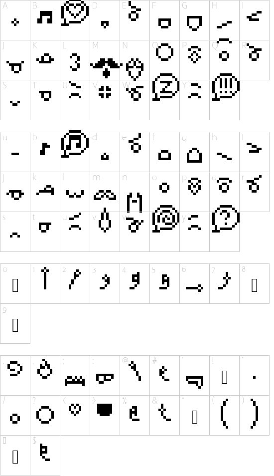 PixelFace Regular font character map