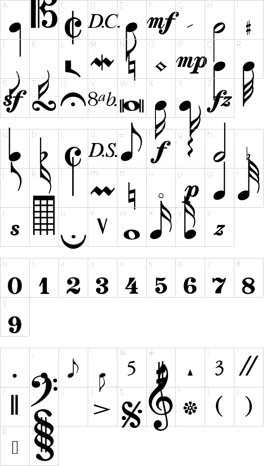 Sonata-Thin font character map