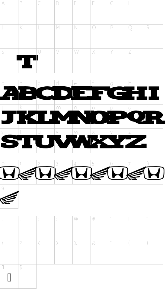 Hondafont font character map