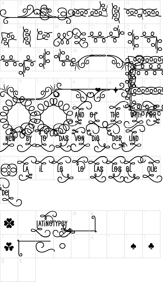 Romeo Ornaments font character map