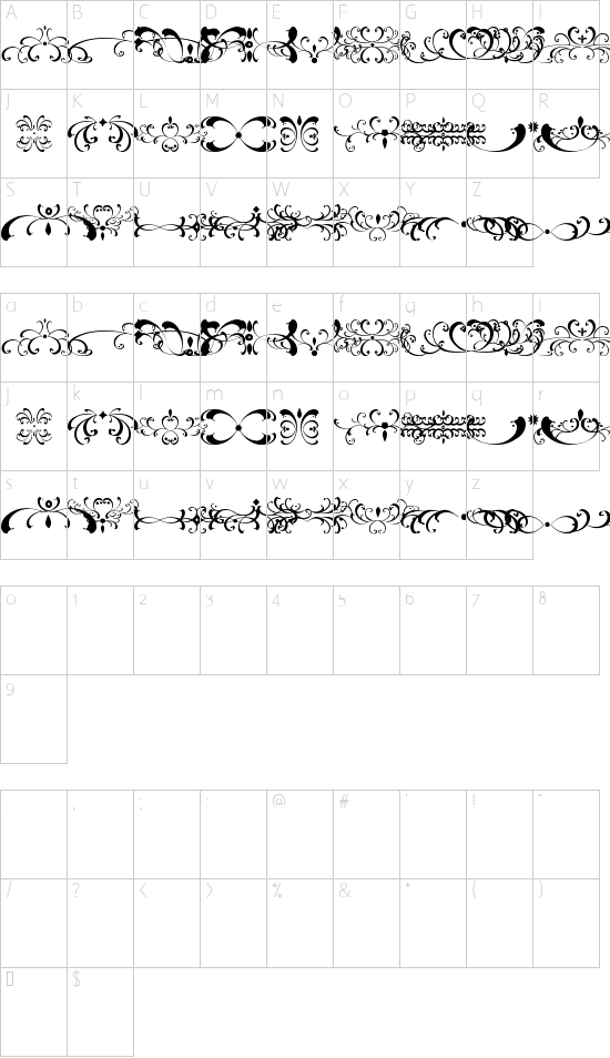 filigrees and ornaments ST font character map