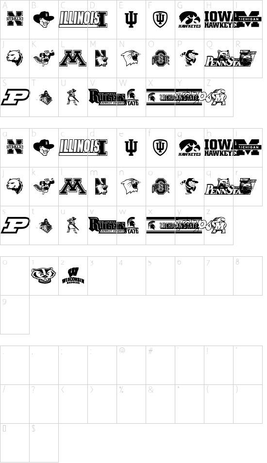 NCAA Big 10 font character map