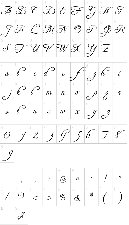 Freebooter Script font character map