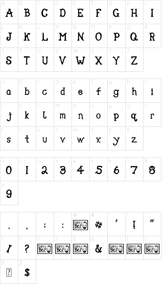 Gipsy Bar font character map
