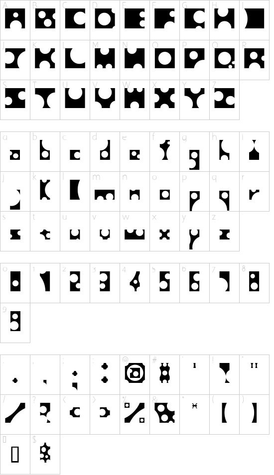 Toolego font character map