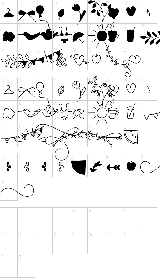 Showcase Ornaments font character map