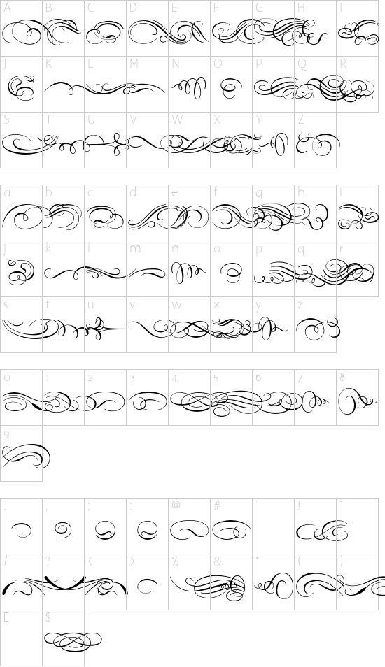 VL CariocaScriptPro Flourishes font character map