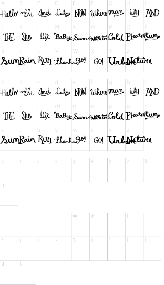 iCiel Pequena English font character map