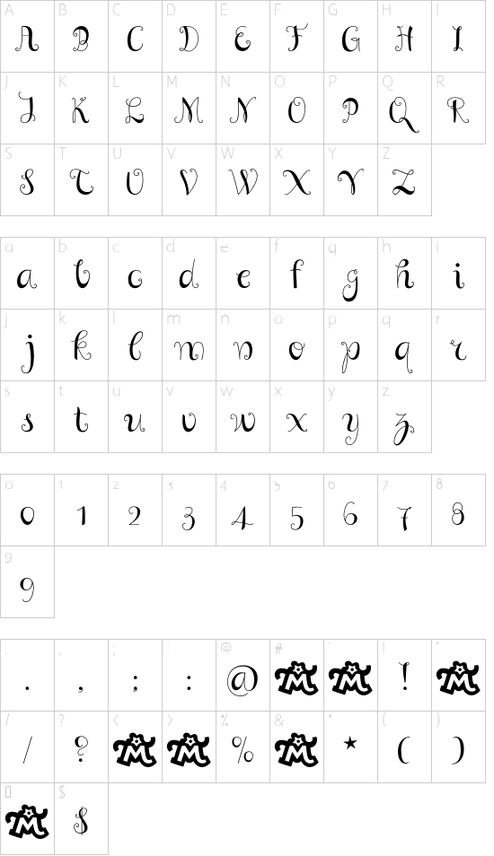 VL Curly font character map