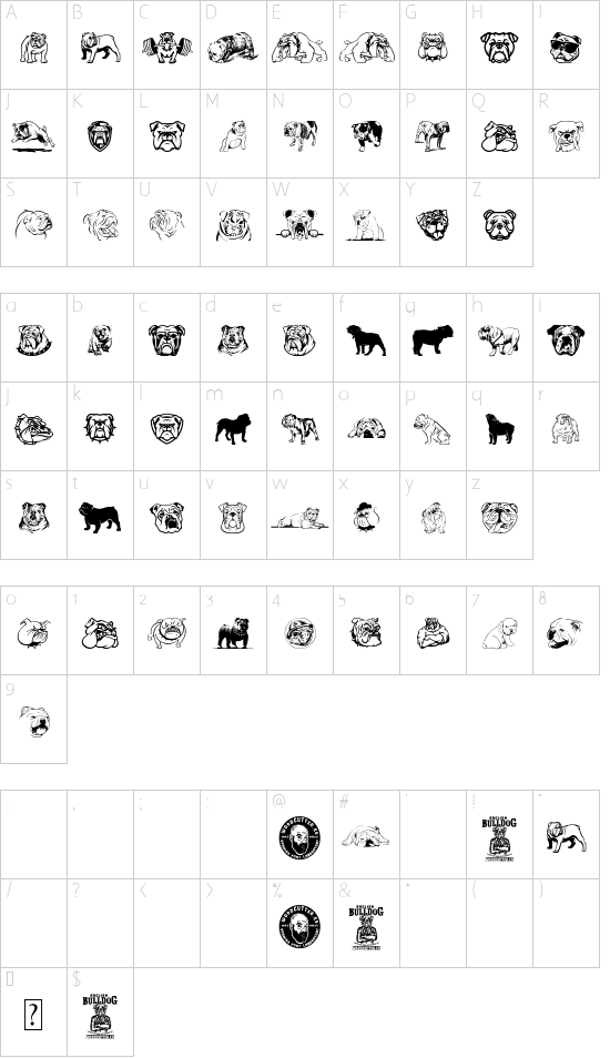 English Bulldog font character map