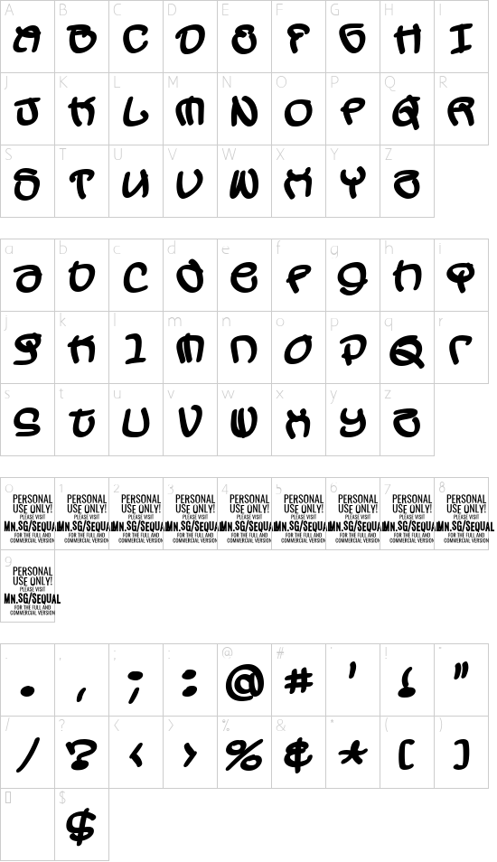 Sequal Bold PERSONAL USE font character map