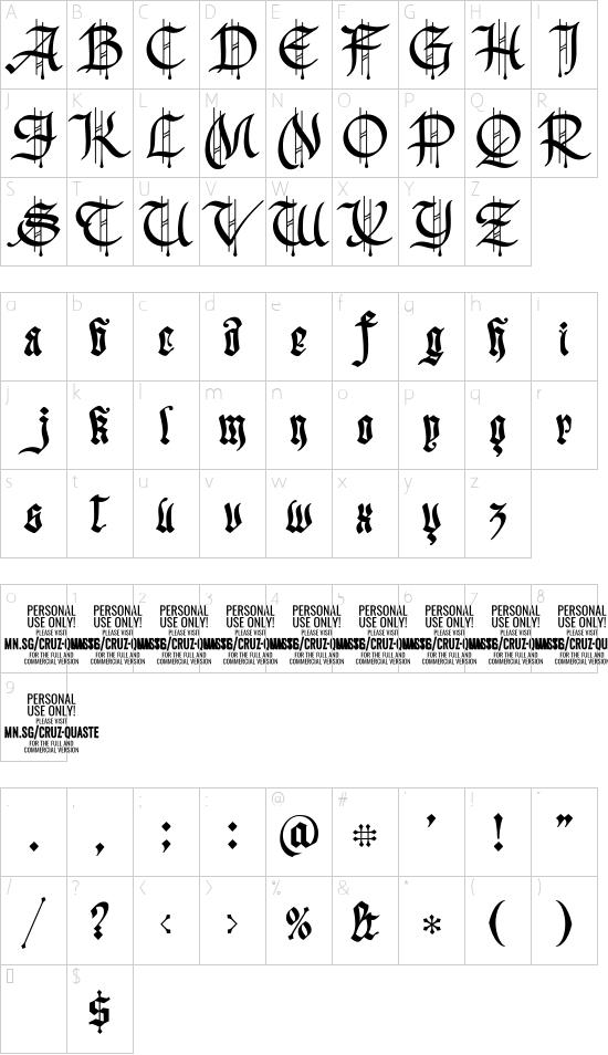 Cruz Quaste PERSONAL USE ONLY font character map