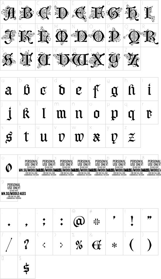 Middle Ages Deco PERSONAL USE font character map