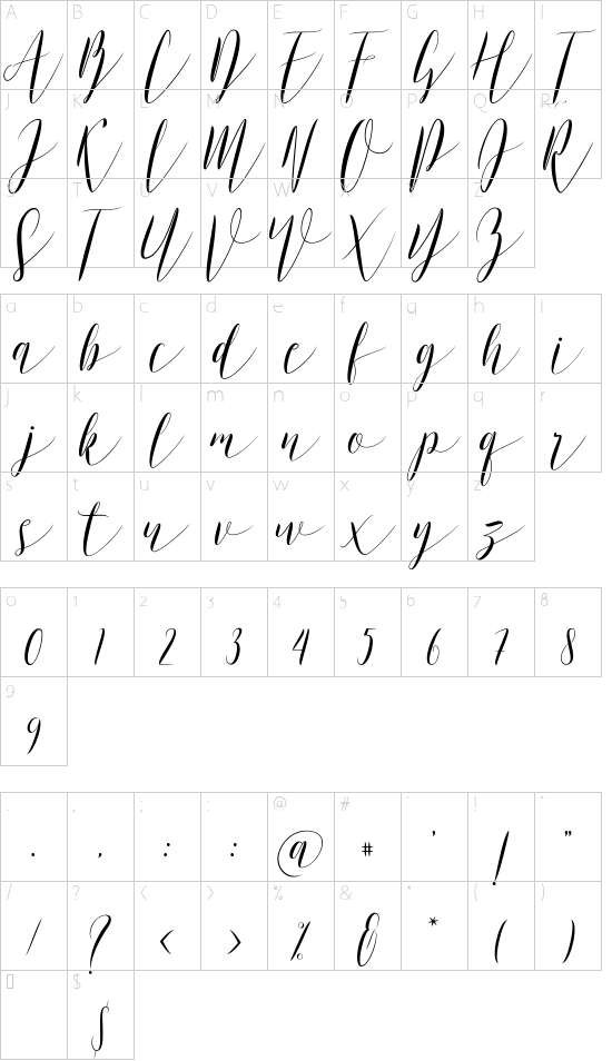 Murano font character map
